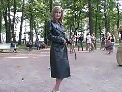 Blonde beauty shows her fresh body in the street