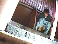 Hot mamas emptying their bladders in park toilet