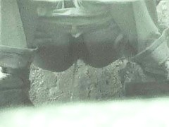 Raunchy hotties urinates onto spy cam in public loo